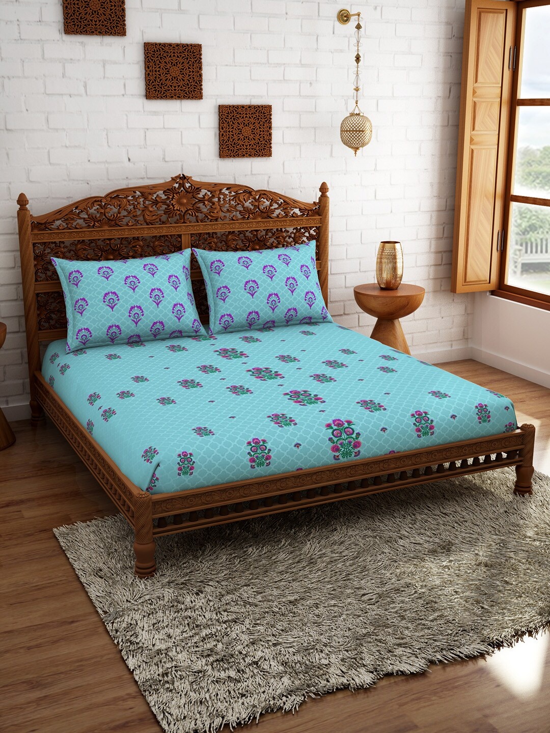 

SPACES Blue & Pink Floral 210 TC Cotton 1 Queen Bedsheet with 2 Pillow Covers