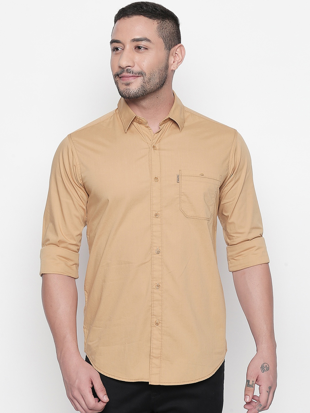 

Mufti Men Khaki Slim Fit Solid Casual Shirt
