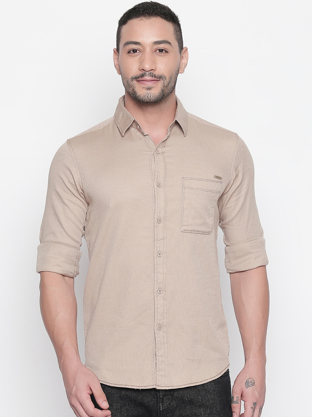 

Mufti Men Khaki Slim Fit Solid Casual Shirt