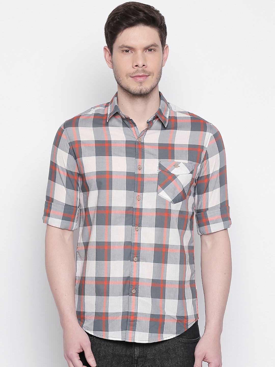 

Mufti Men White & Brown Slim Fit Checked Casual Shirt