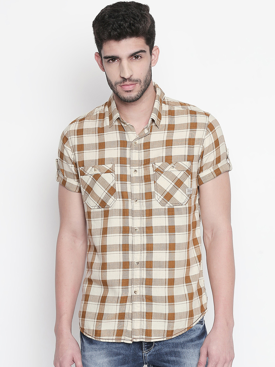 

Mufti Men Grey & Khaki Slim Fit Checked Casual Shirt