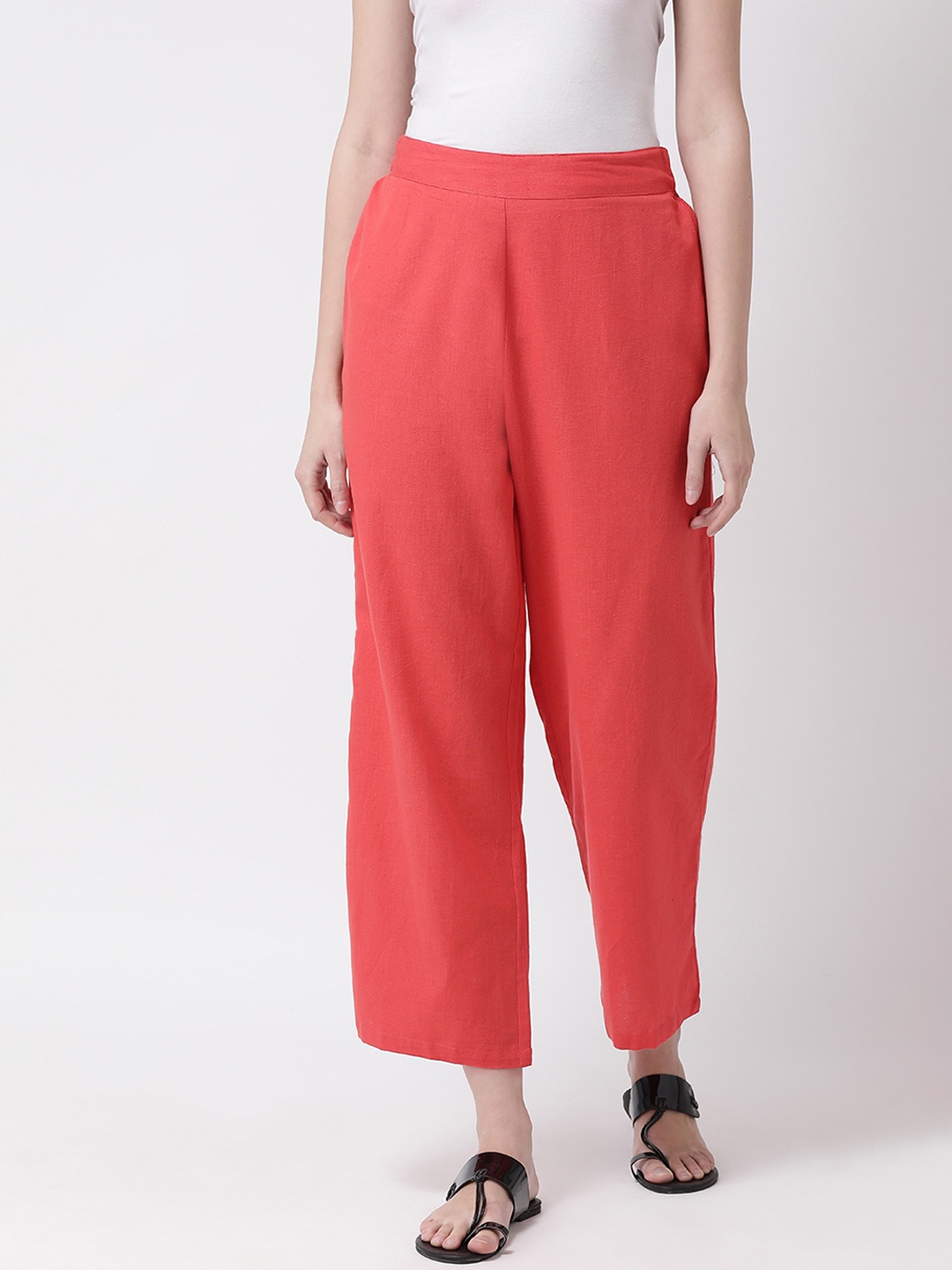 

Aayna Women Coral Red Comfort Regular Fit Solid Parallel Trousers