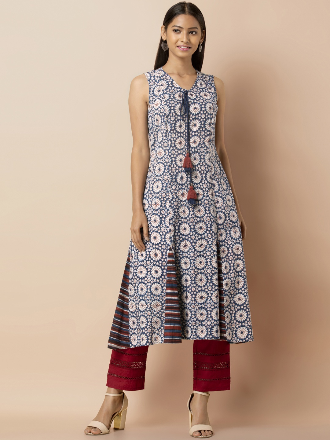 

INDYA Women Blue & Red Block Print A-Line Kurta