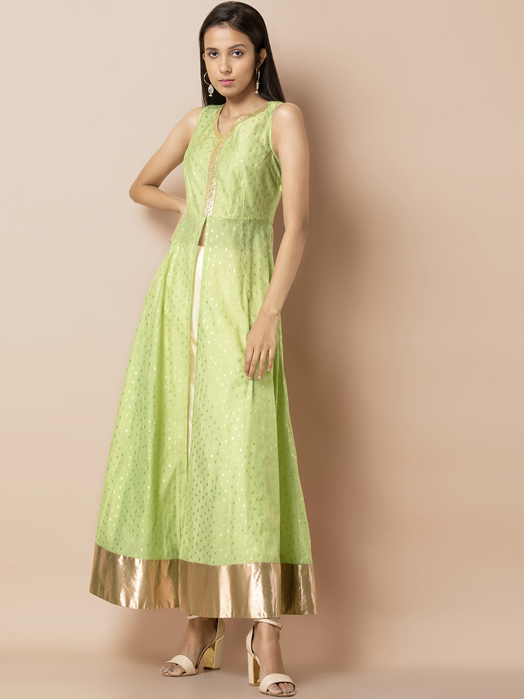 

INDYA Women Green & Gold-Toned Printed Anarkali Kurta