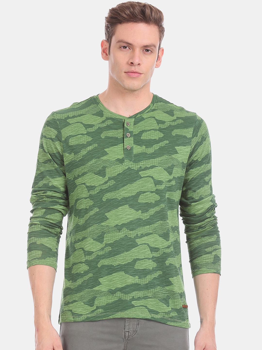 

Cherokee Men Green Camouflage Henley Neck Pure Cotton T-shirt