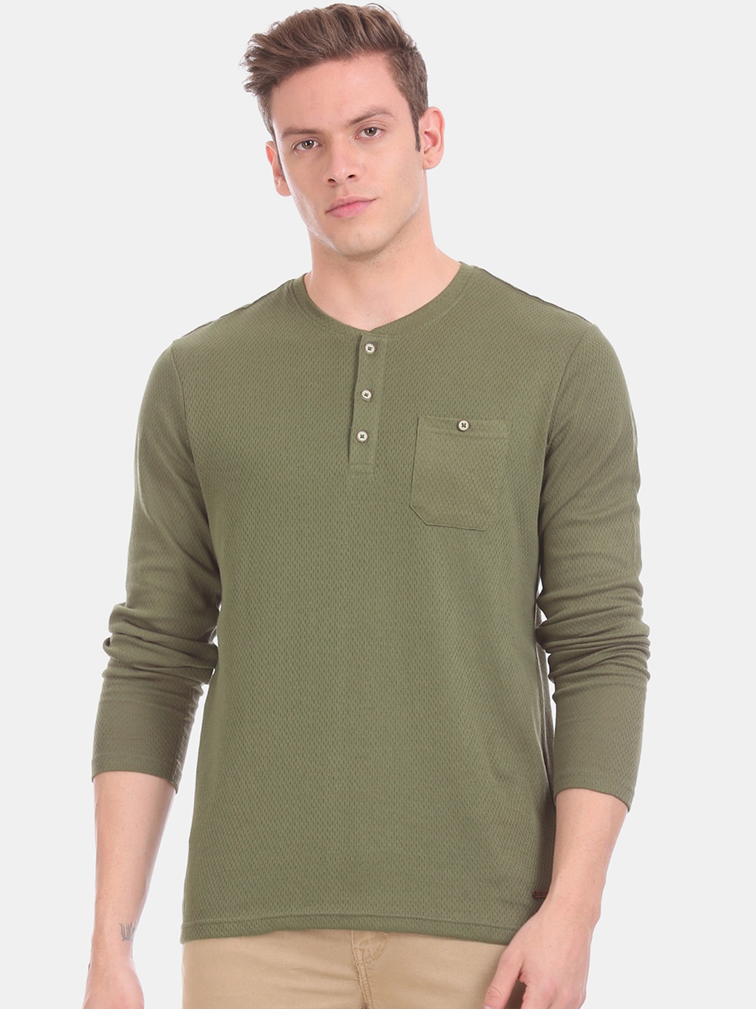 

Cherokee Men Green Self Design Henley Neck Pure Cotton T-shirt