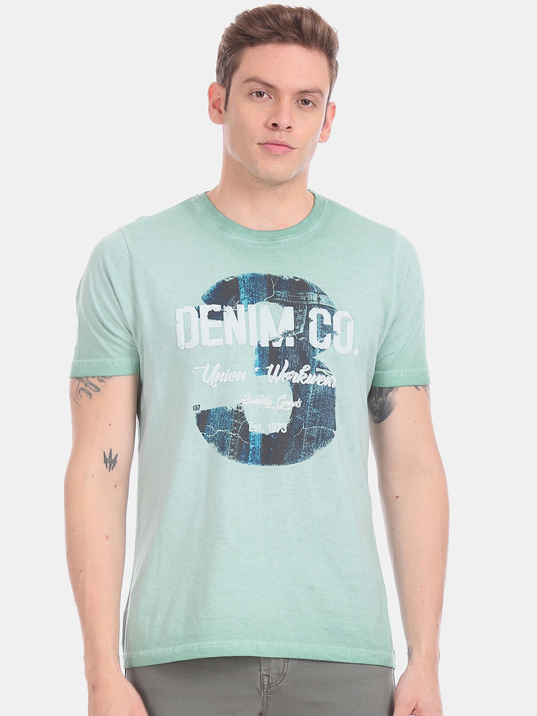 

Cherokee Men Green Printed Round Neck Pure Cotton T-shirt