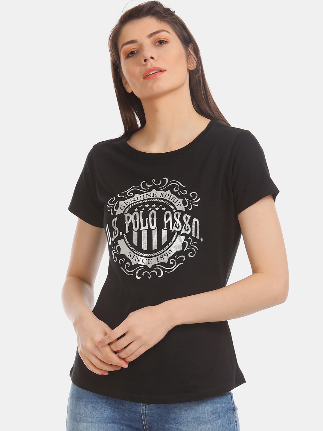 

U.S. Polo Assn. Women Black Printed Round Neck Pure Cotton T-shirt