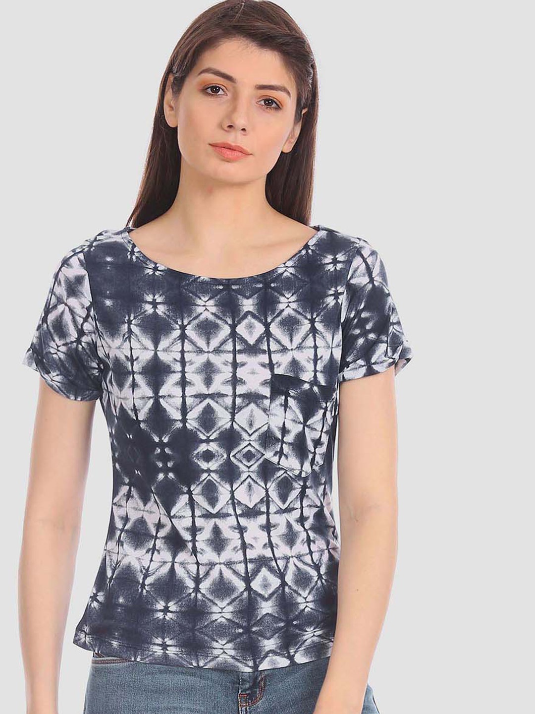 

U.S. Polo Assn. Women Navy Blue & White Dyed Round Neck T-shirt