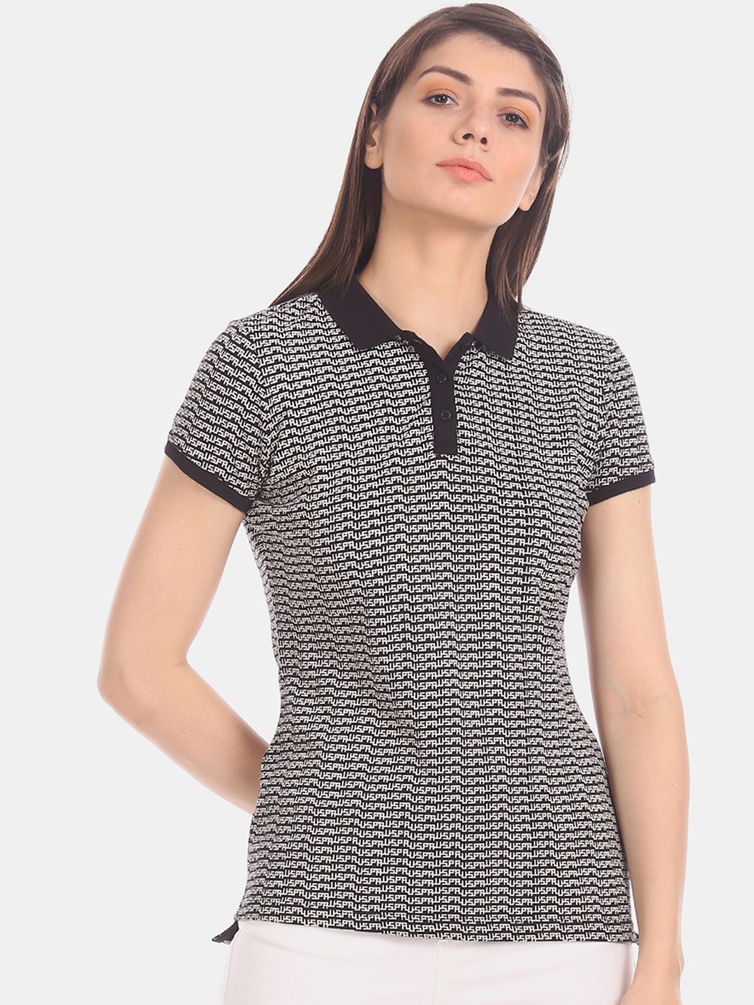 

U.S. Polo Assn. Women Black & Off-White Printed Round Neck T-shirt