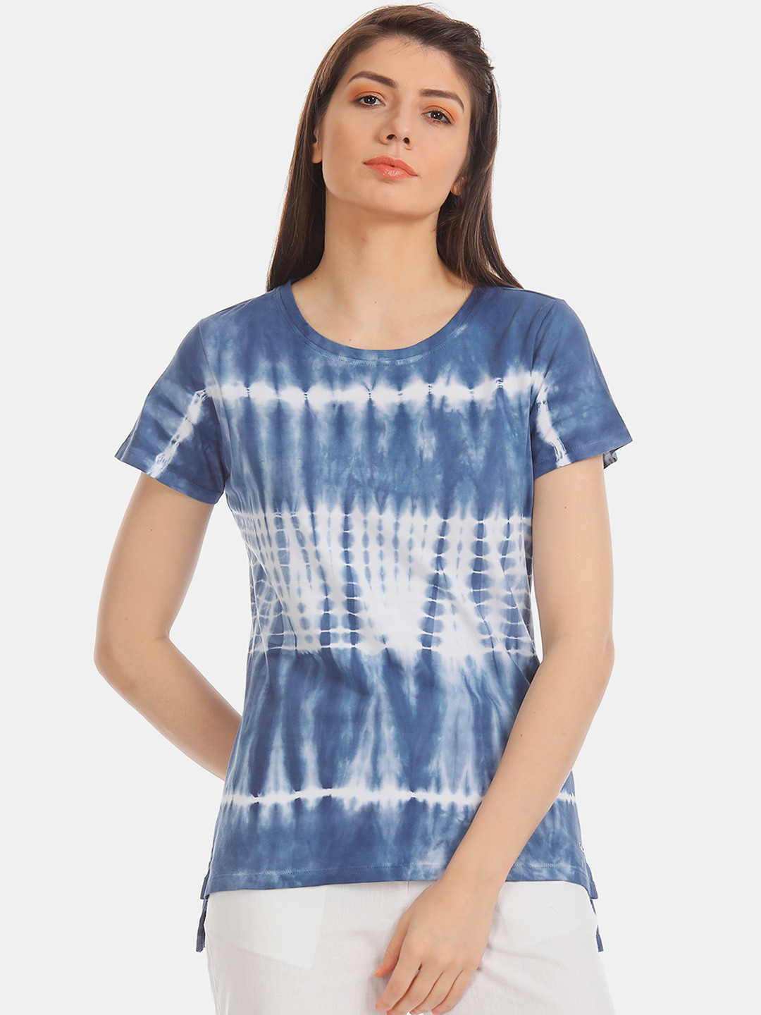 

U.S. Polo Assn. Women Navy Blue White Dyed Round Neck Pure Cotton T-shirt