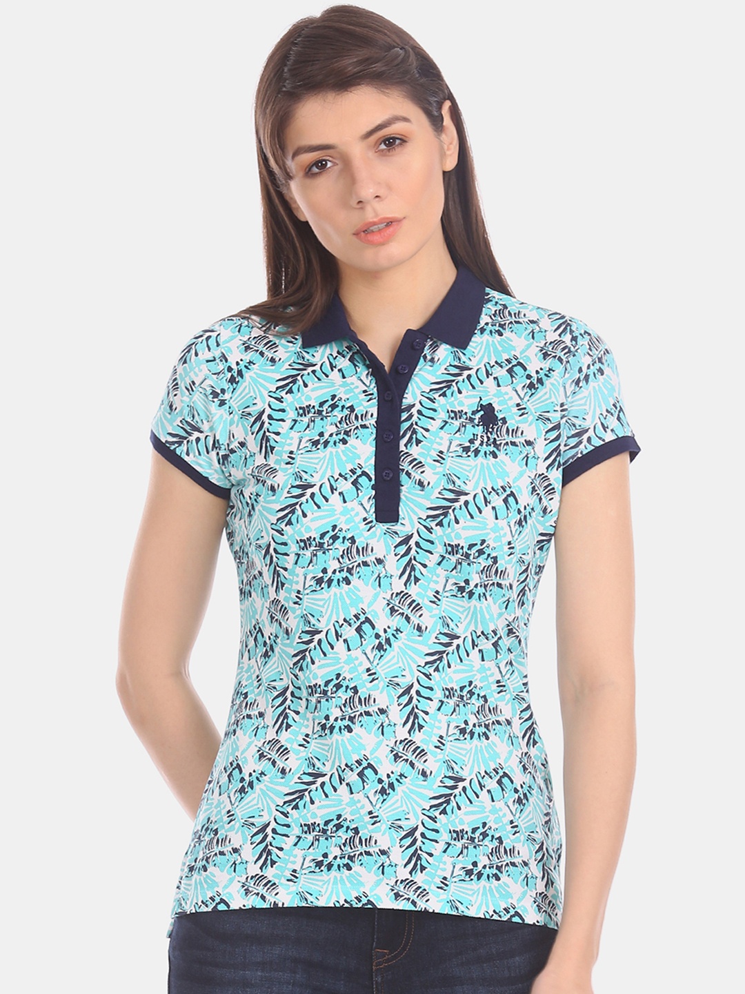 

U.S. Polo Assn. Women Sea Green White Printed Polo Collar Pure Cotton T-shirt
