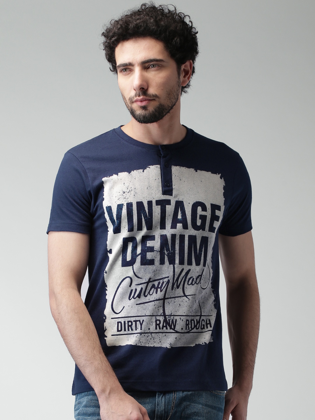 

Moda Rapido Navy Printed Henley Pure Cotton T-shirt, Navy blue