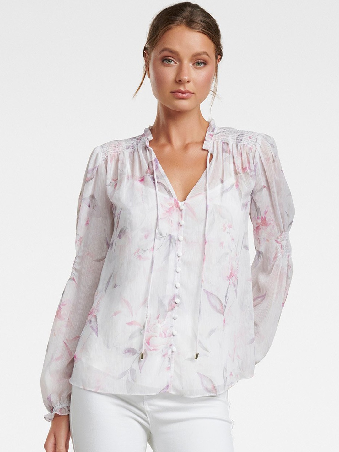 

Forever New Women Pink Printed Shirt Style Top, White