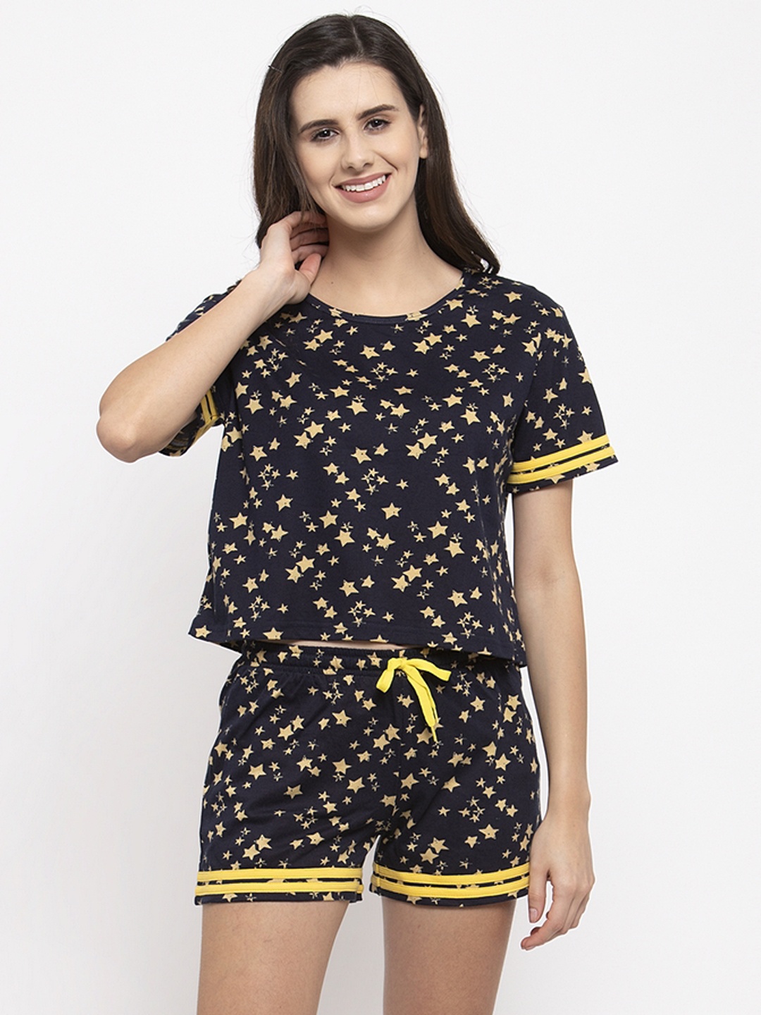 

Claura Women Navy Blue & Yellow Printed Night Suit Cot-163