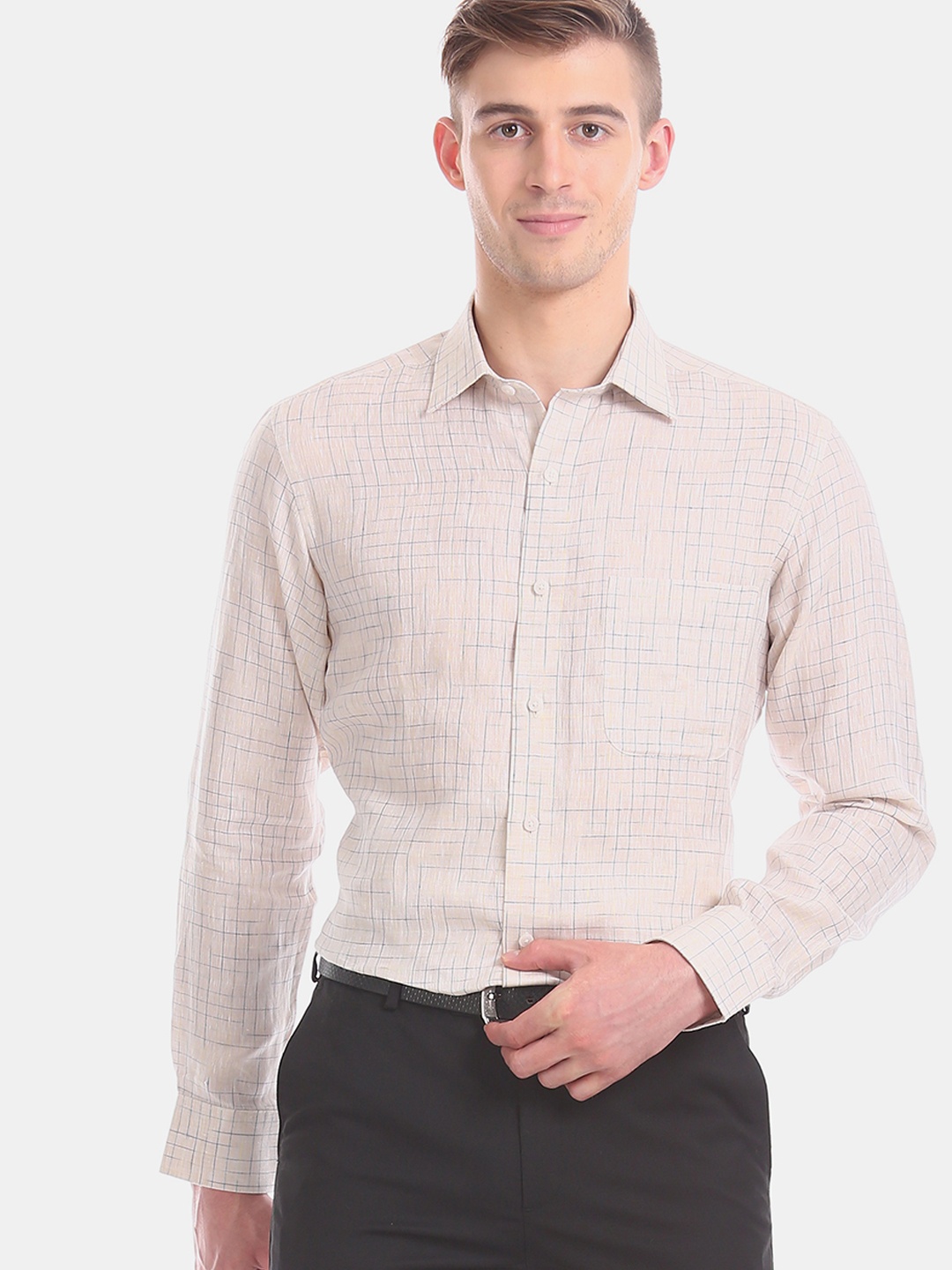 

Arrow Men Beige & Blue Regular Fit Checked Formal Linen Shirt
