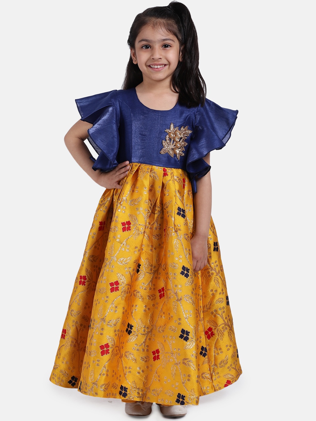 

BownBee Girls Navy Blue & Mustard Yellow Printed Maxi Dress