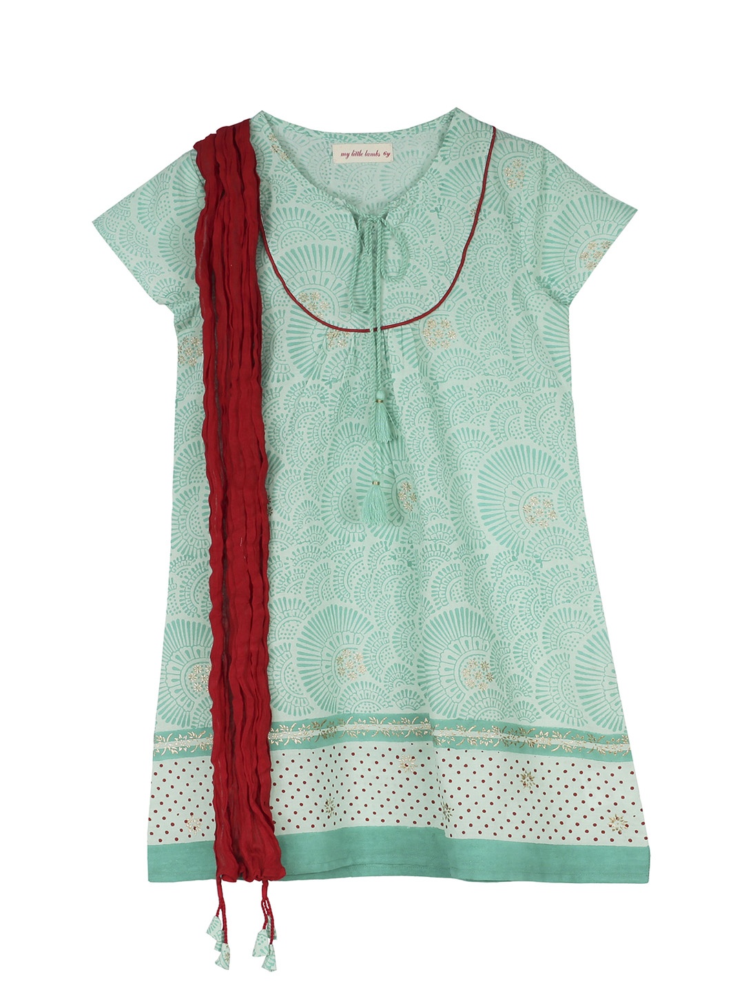 

My Little Lambs Girls Green & Off-White Printed Straight Kurta with Dupatta
