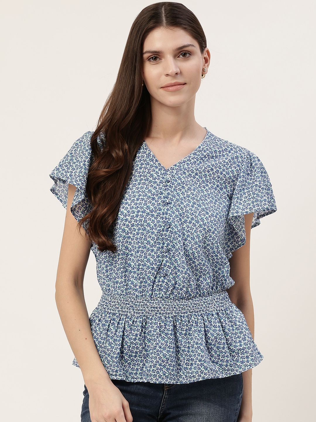 

Marks & Spencer Women Blue Printed Cinched Waist Pure Cotton Top