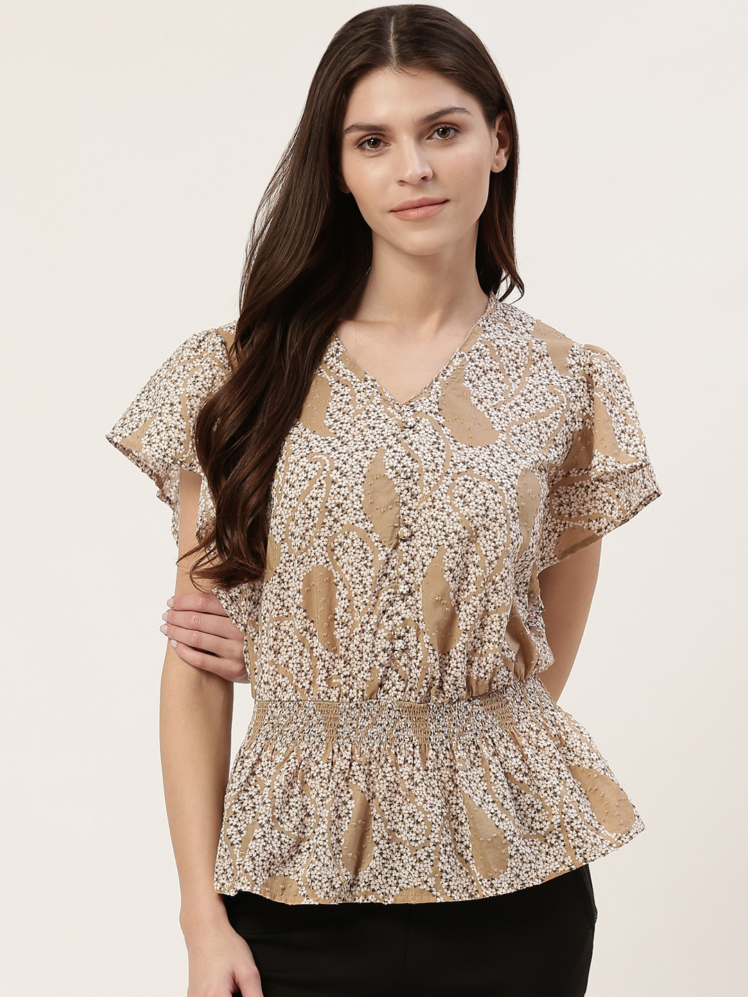 

Marks & Spencer Women Beige & White Micro Ditsy Floral Print Cinched Waist Pure Cotton Top