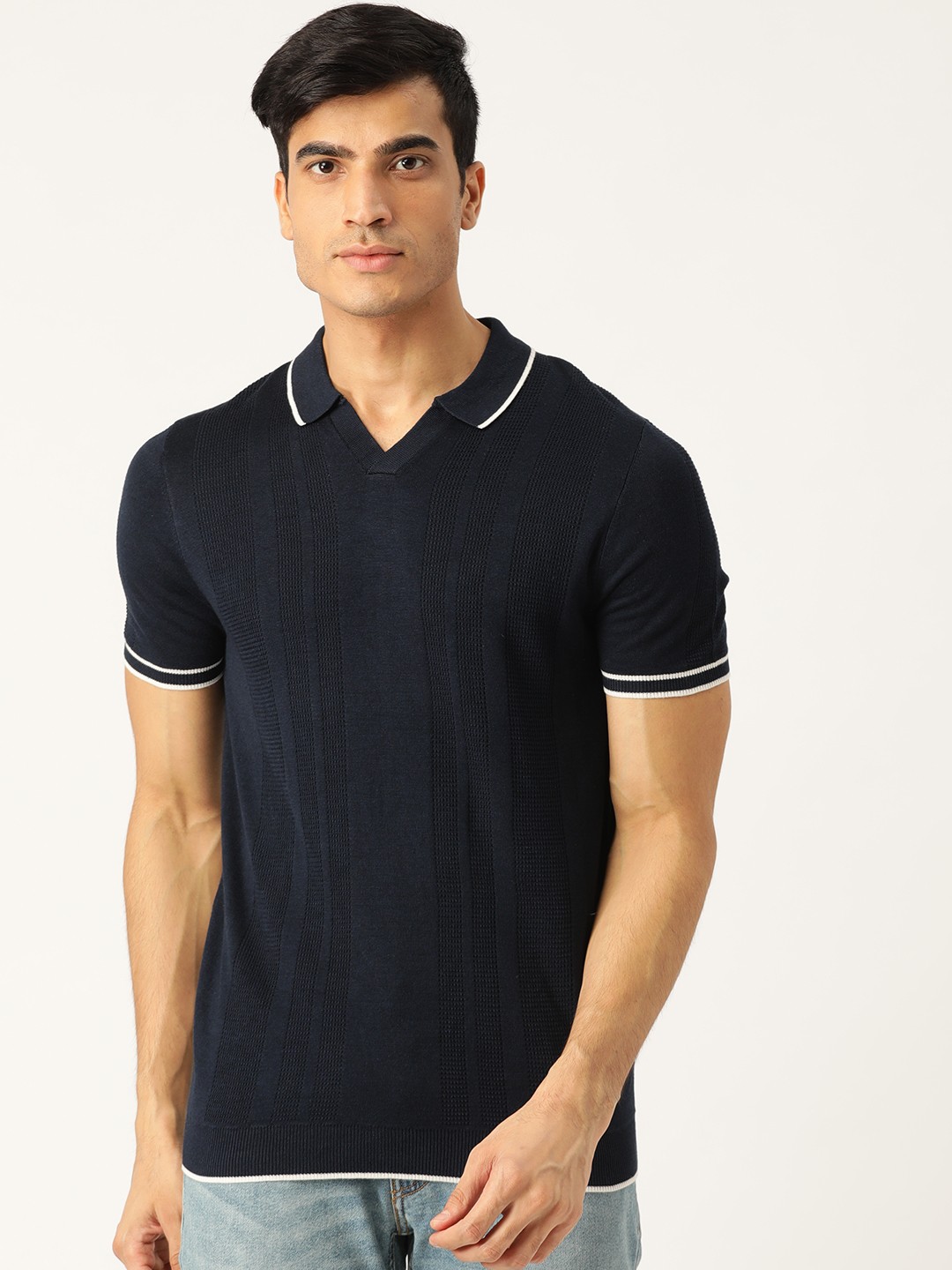 

Marks & Spencer Men Navy Blue Self Design Polo Collar T-shirt