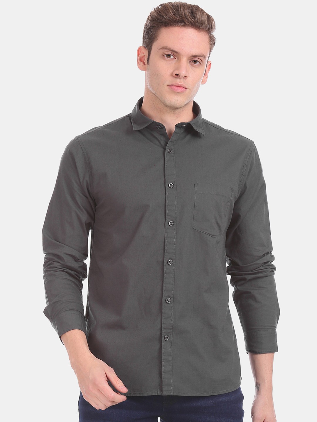 

Ruggers Men Charcoal Grey Regular Fit Solid Casual Shirt
