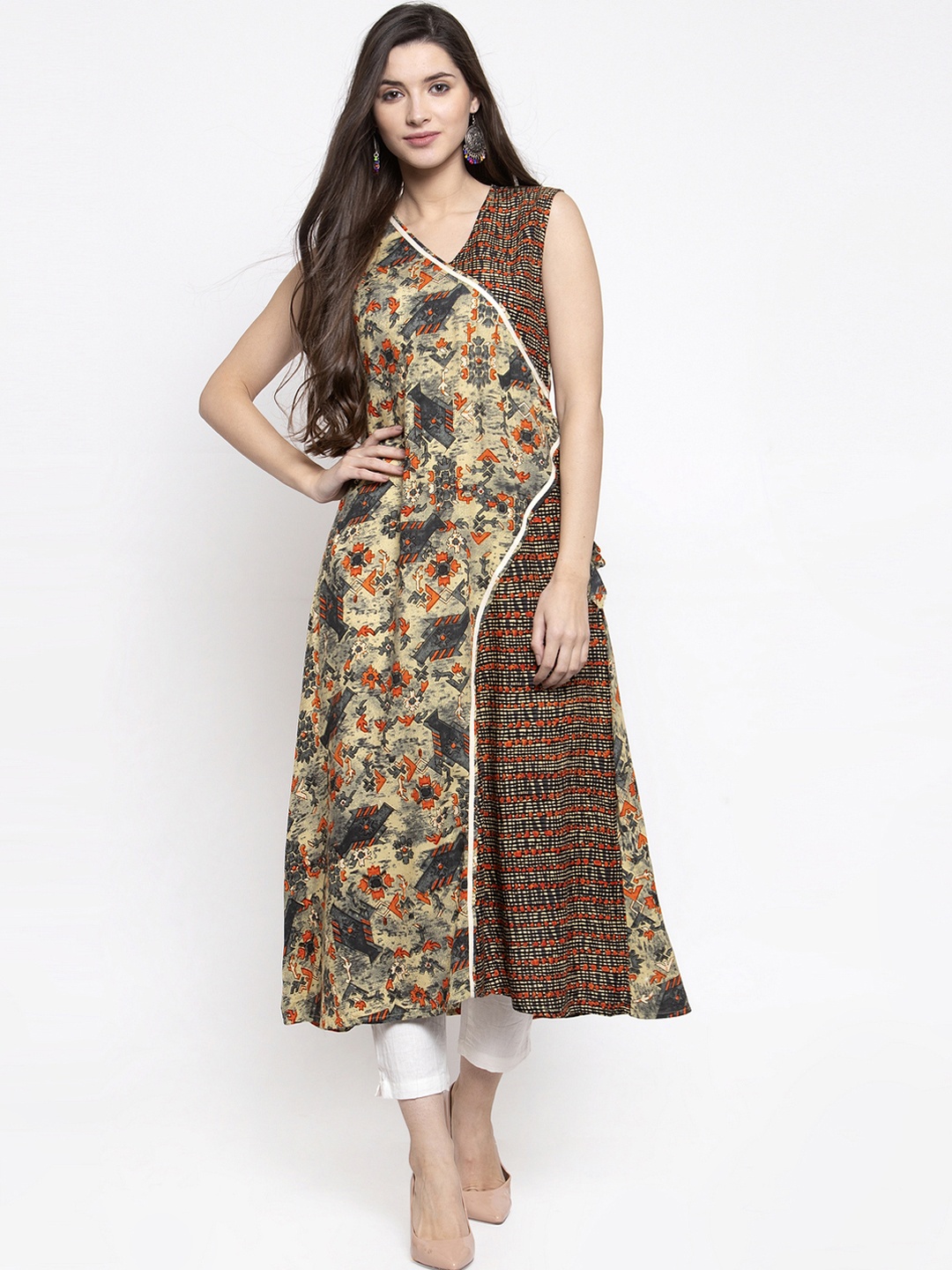 

Indibelle Women Beige & White Printed Kurta with Trousers