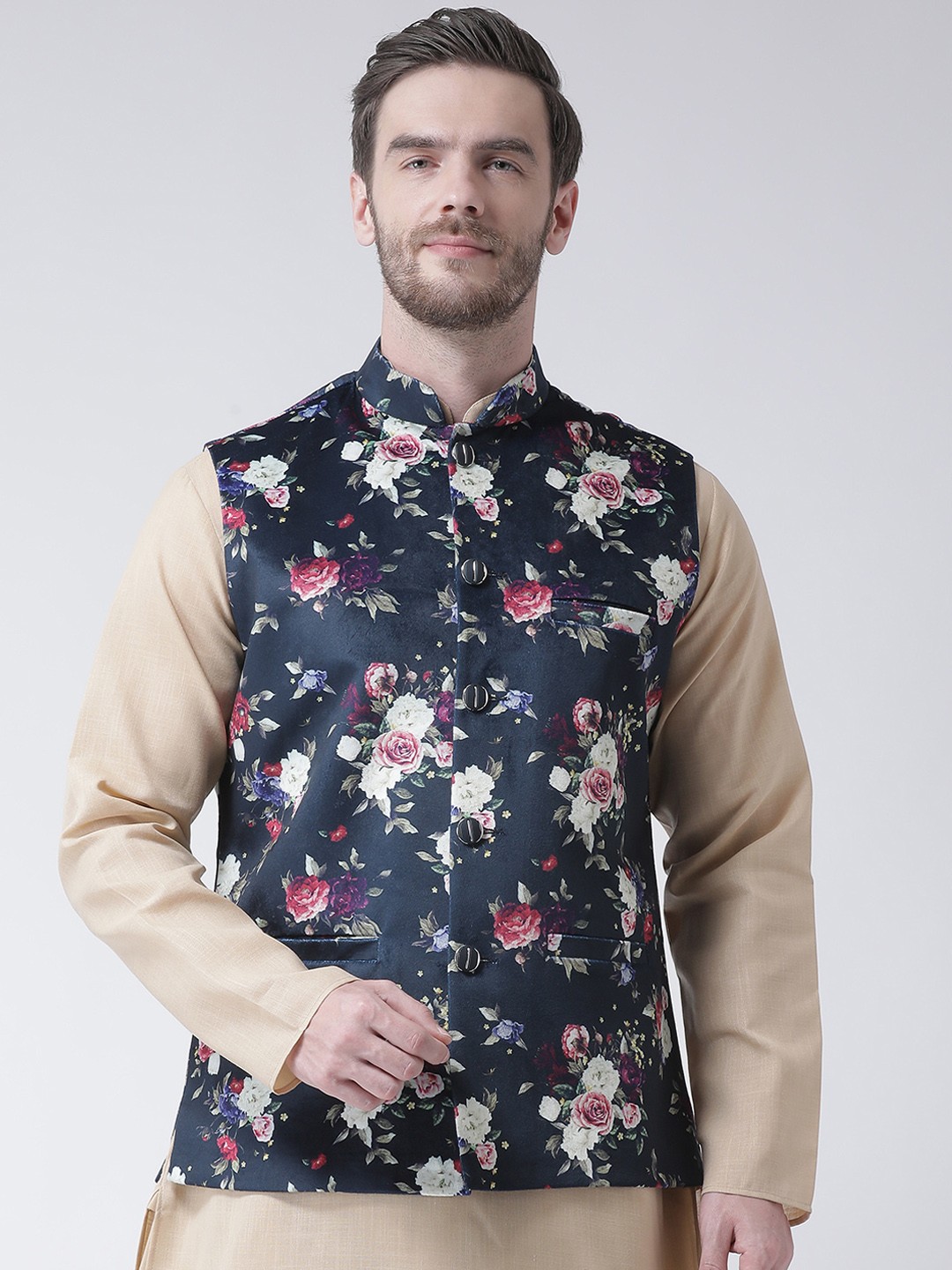 

SG LEMAN Men Navy Blue & White Printed Satin Nehru Jacket