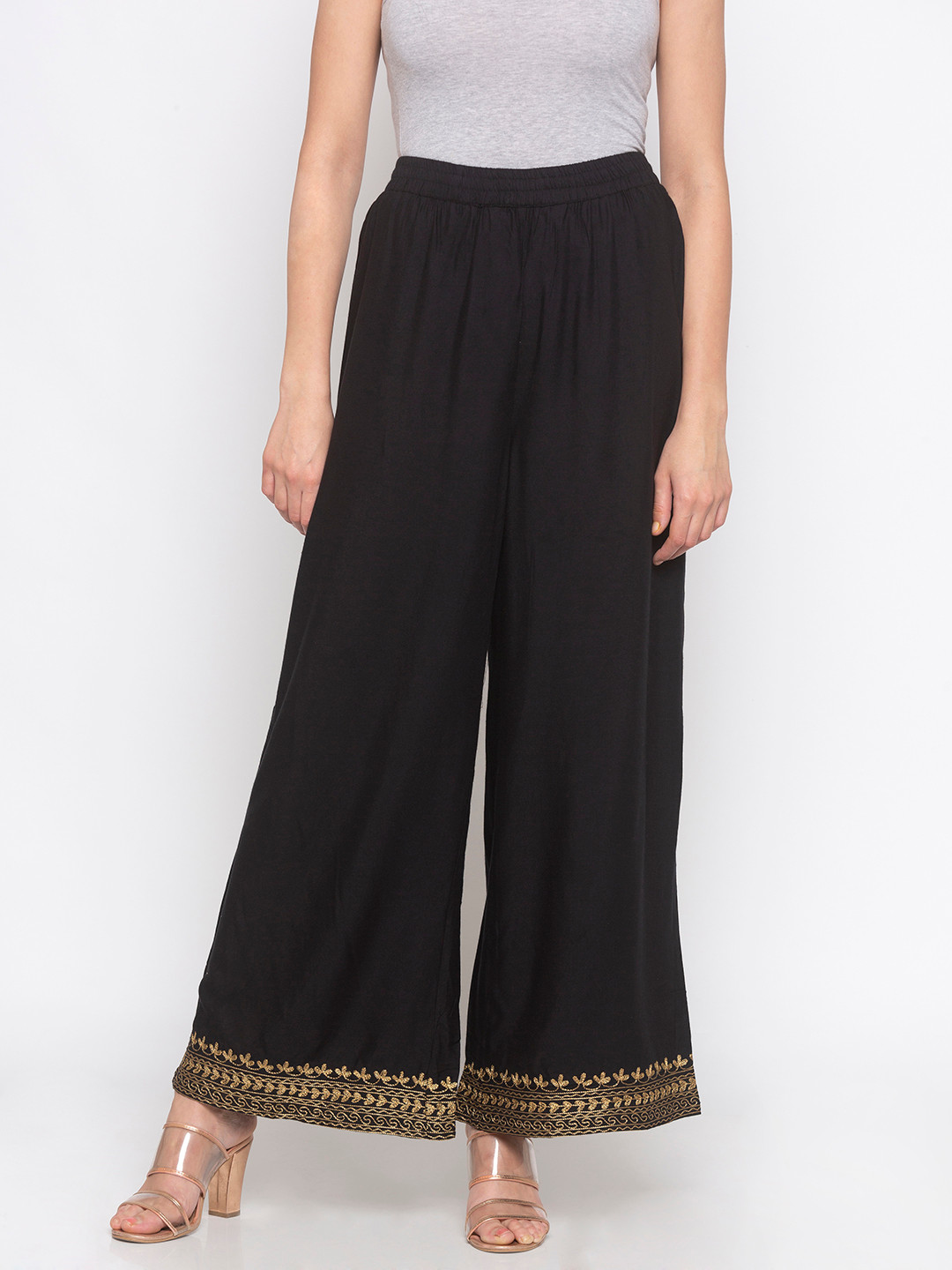 

Globus Women Black & Gold-Coloured Solid Straight Palazzos