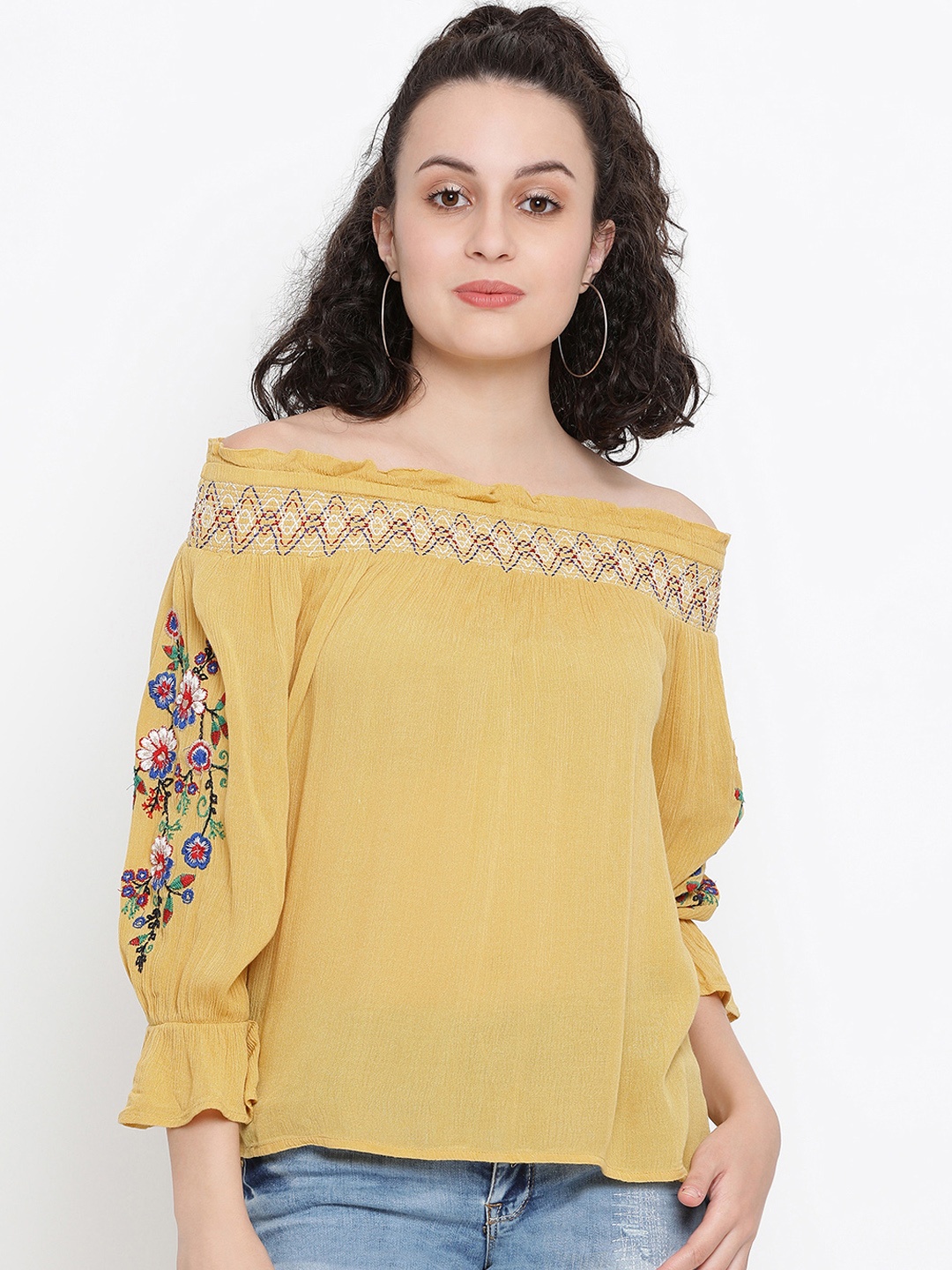 

Oxolloxo Women Yellow Printed Bardot Top