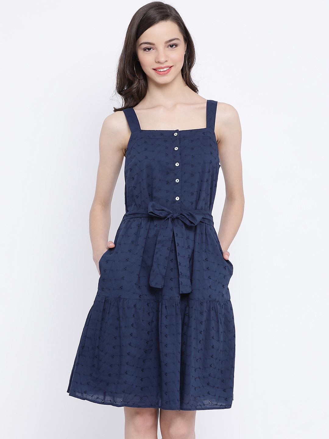 

Oxolloxo Women Navy Blue Self Design Fit and Flare Dress