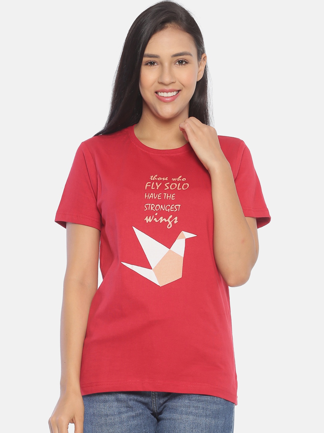 

OBOW Women Red White Printed Round Neck Pure Cotton T-shirt