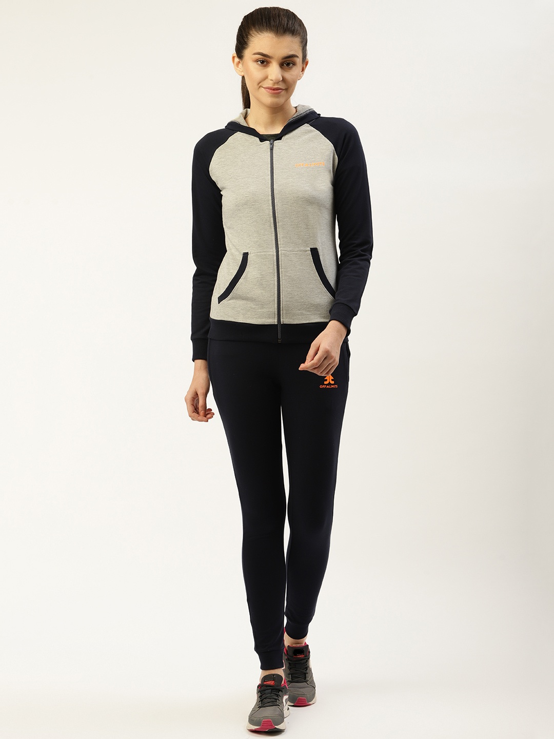 

OFF LIMITS Women Grey Melange & Navy Solid Hooded Tracksuit