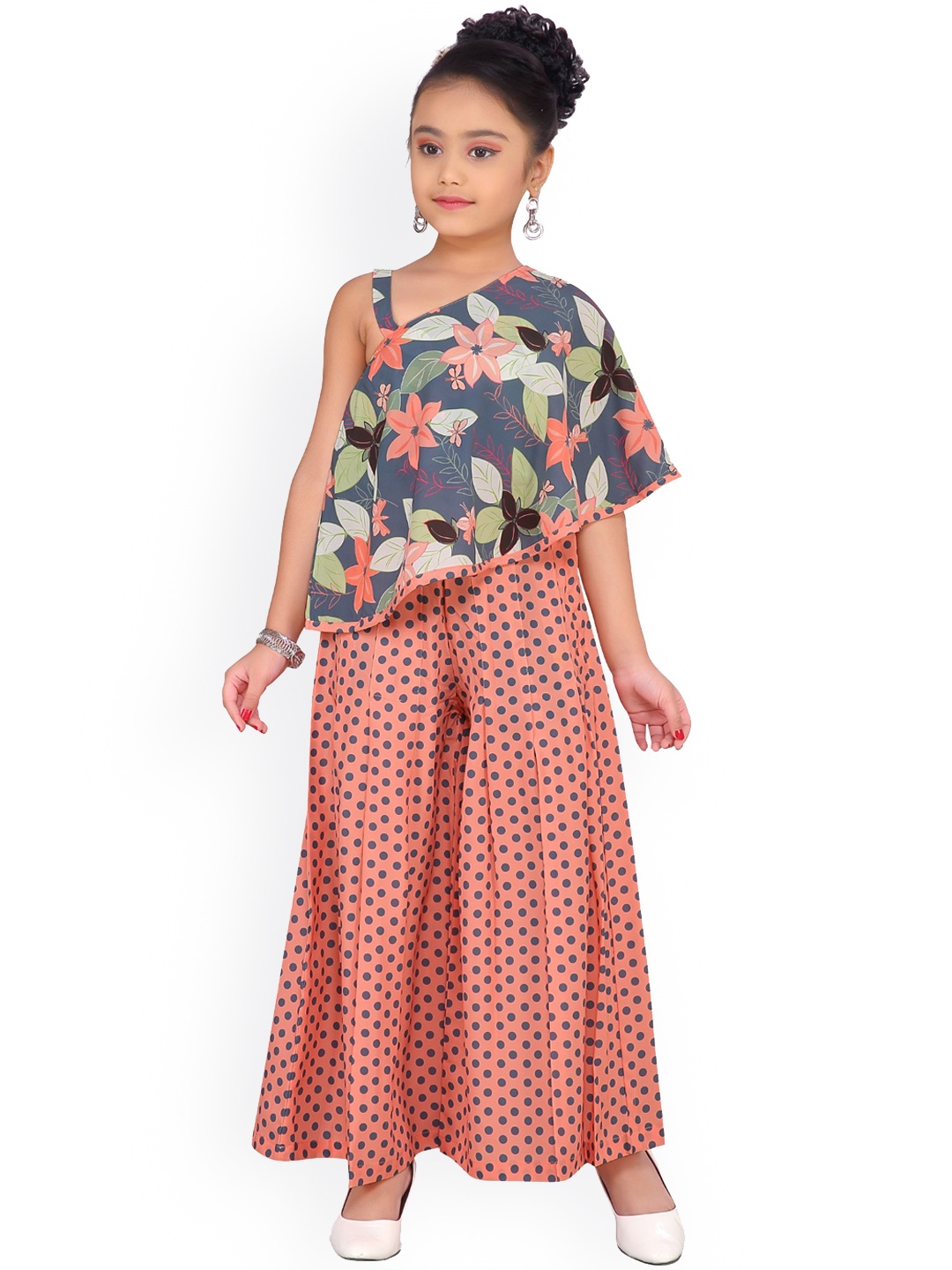 

ADIVA Girls Peach-Coloured & Grey Printed Top with Palazzos
