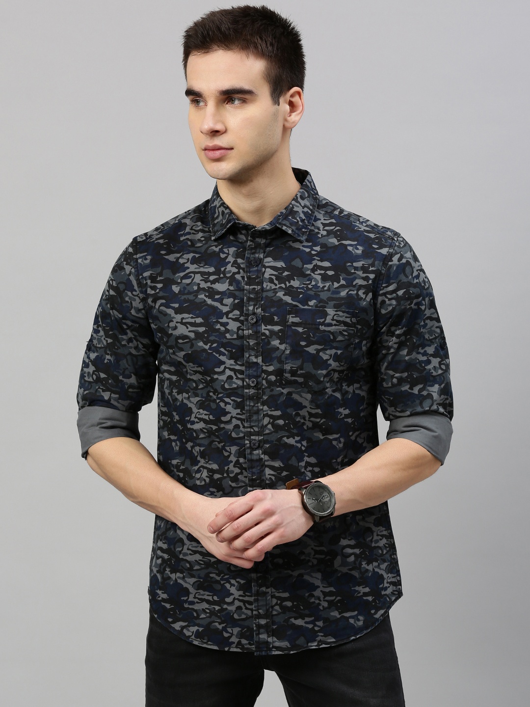 

HERE&NOW Men Navy Blue & Grey Slim Fit Printed Casual Shirt