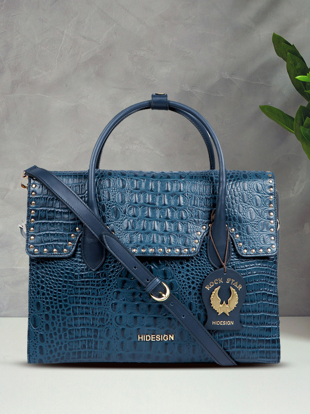 

Hidesign Blue Crocodile Skin Textured Leather Handheld Bag
