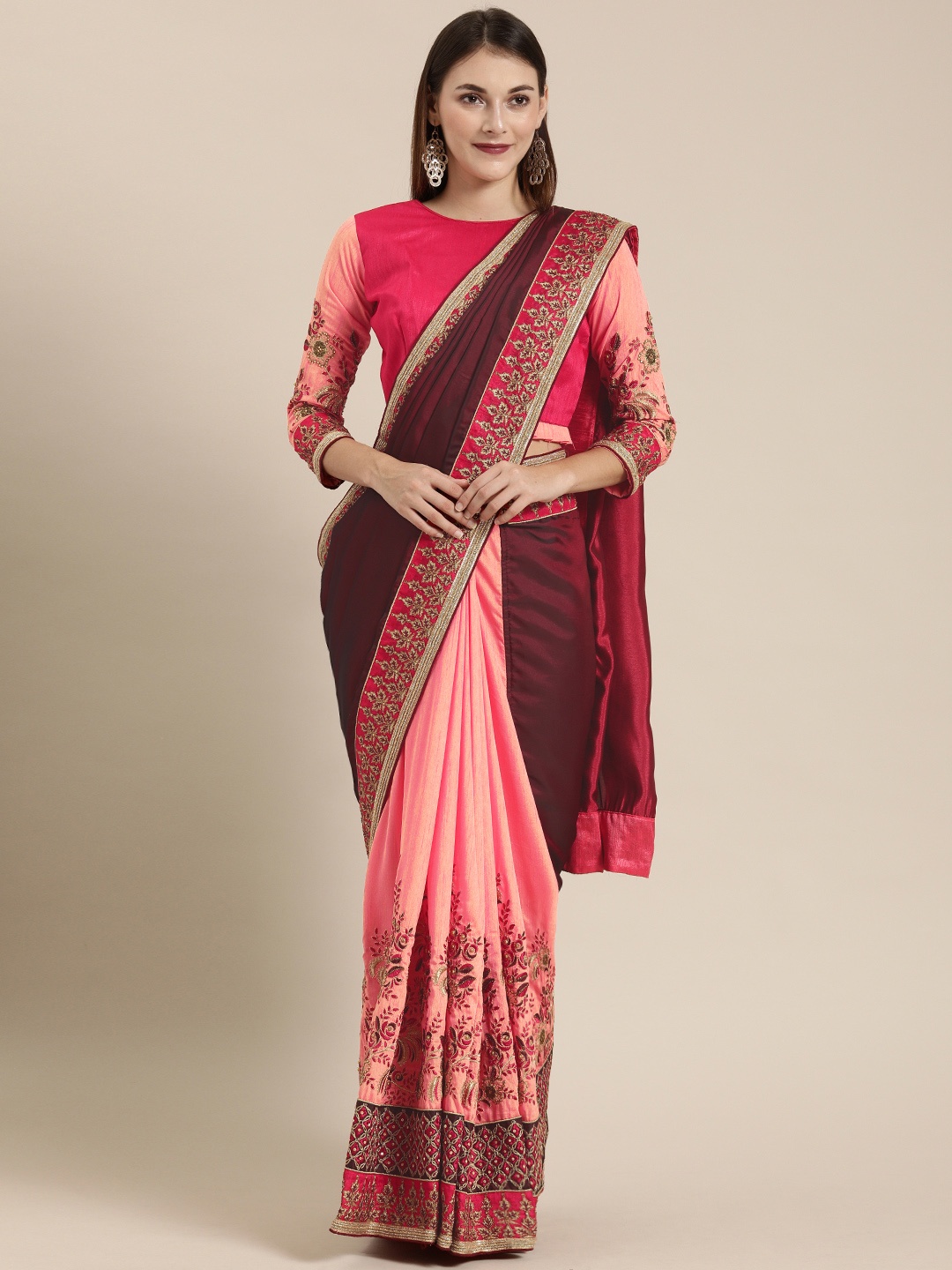 

SHAVYA Peach-Coloured & Maroon Pure Georgette Embroidered Half and Half Saree