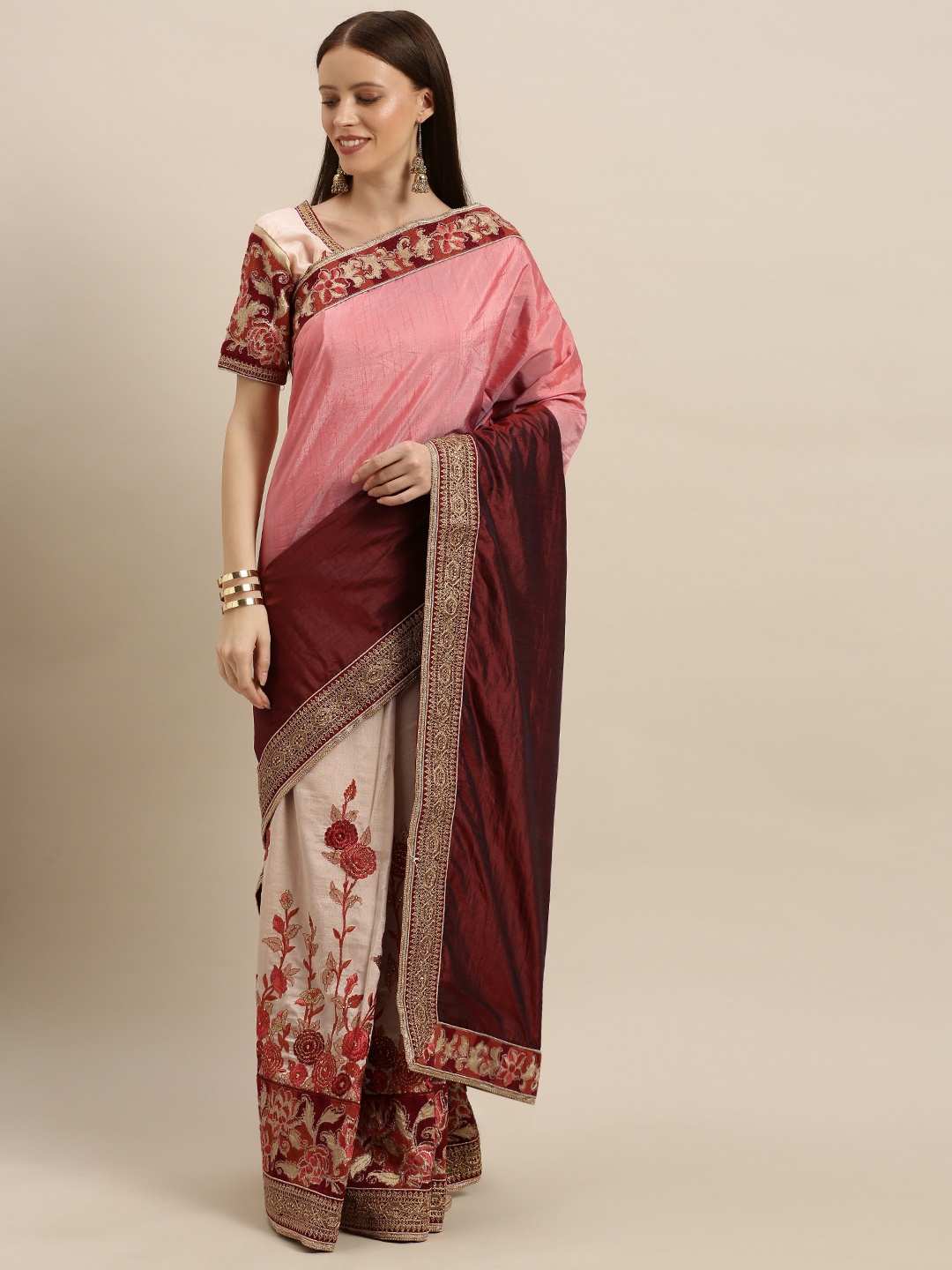 

SHAVYA Beige & Pink Pure Georgette Embroidered Saree