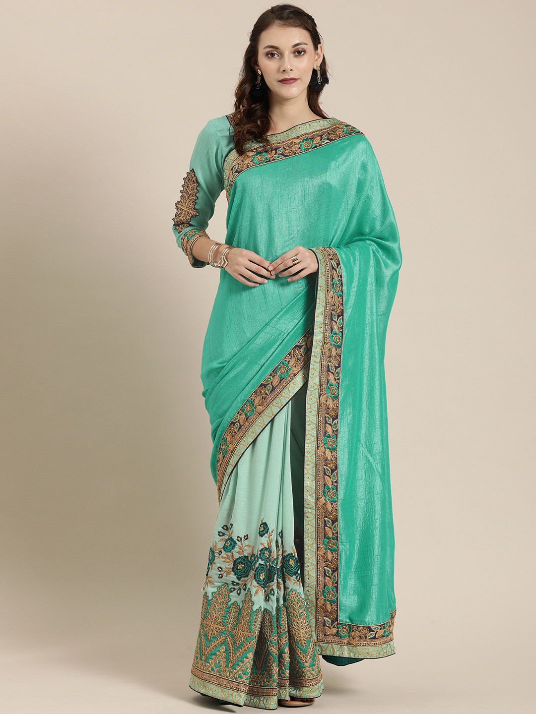 

SHAVYA Sea Green Embroidered Pure Georgette Half & Half Saree