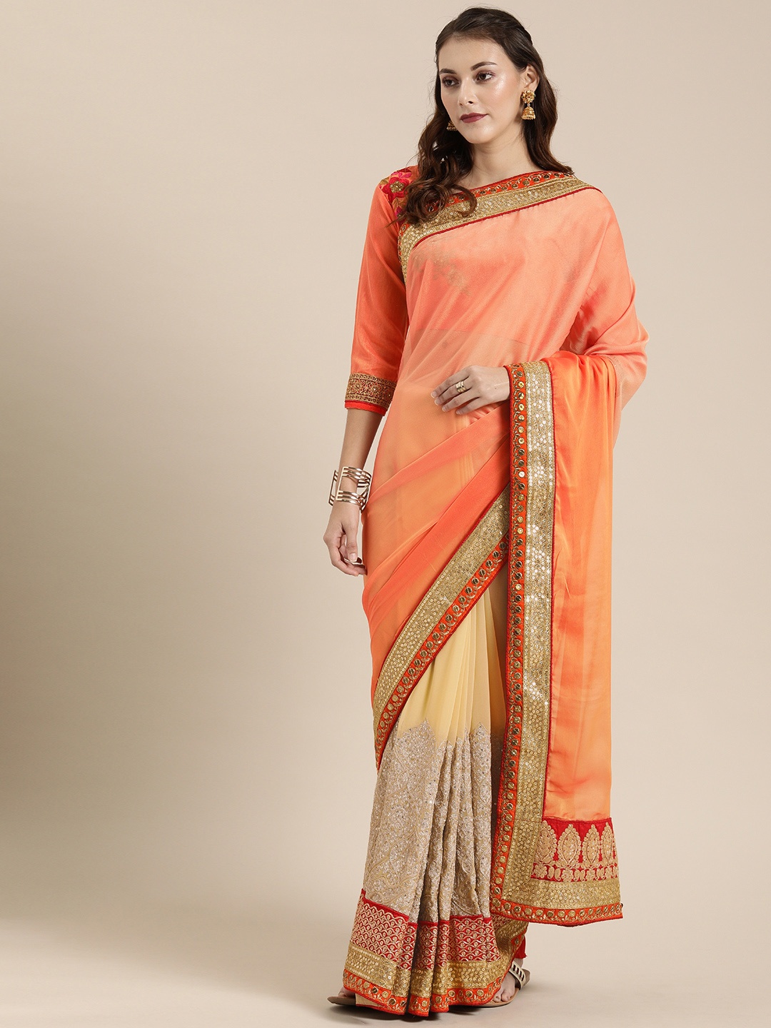 

SHAVYA Orange & Beige Pure Georgette Embroidered Saree