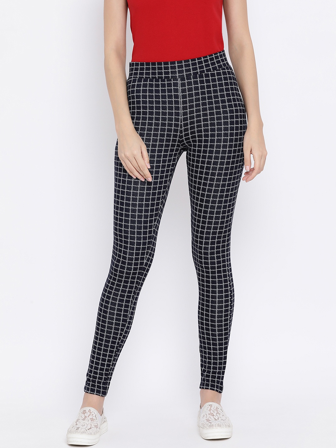 

Monte Carlo Women Navy Blue & White Skinny Fit Checked Regular Trousers