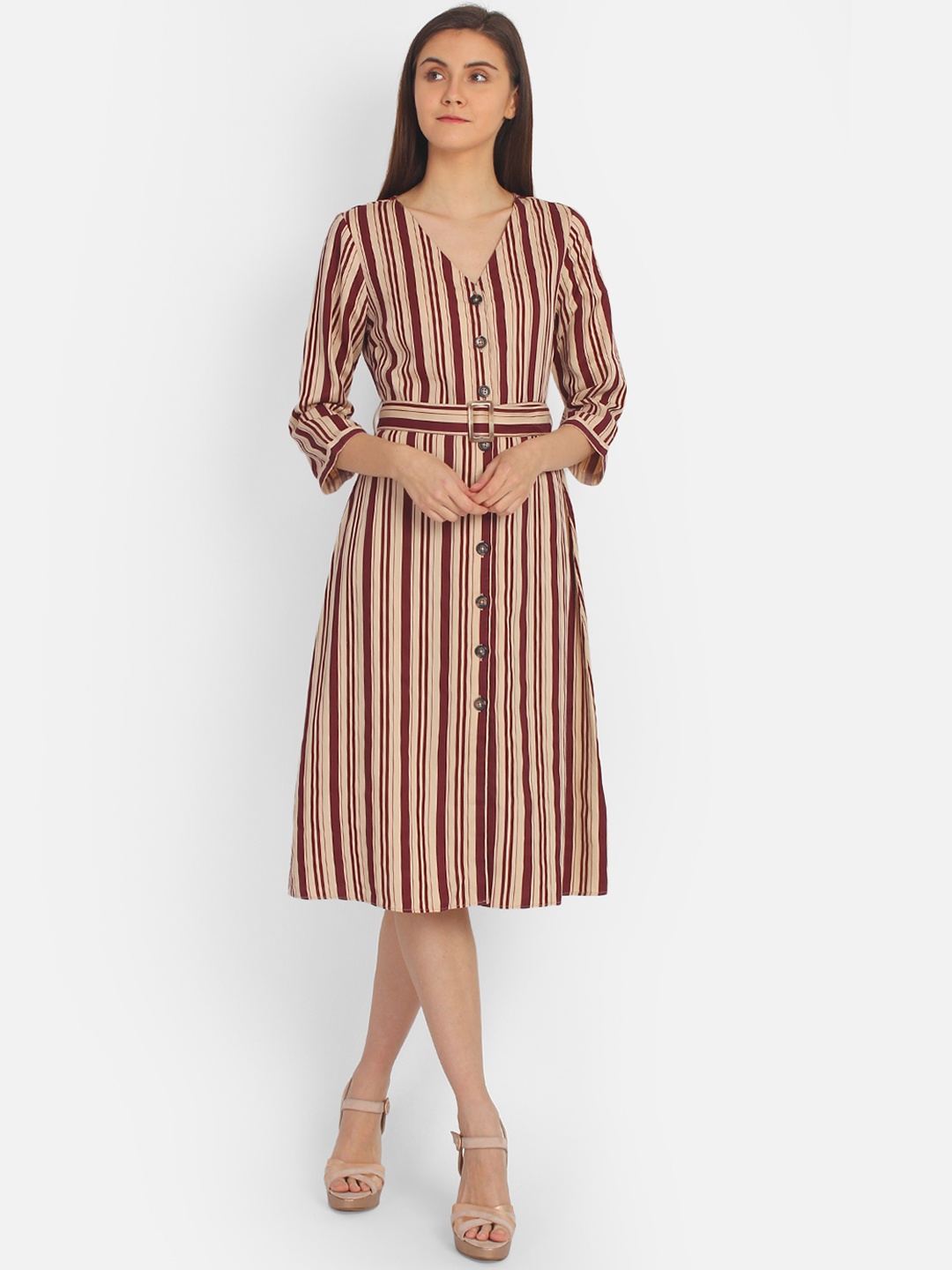 

COVER STORY Women Beige & Maroon Striped Fit and Flare Dress