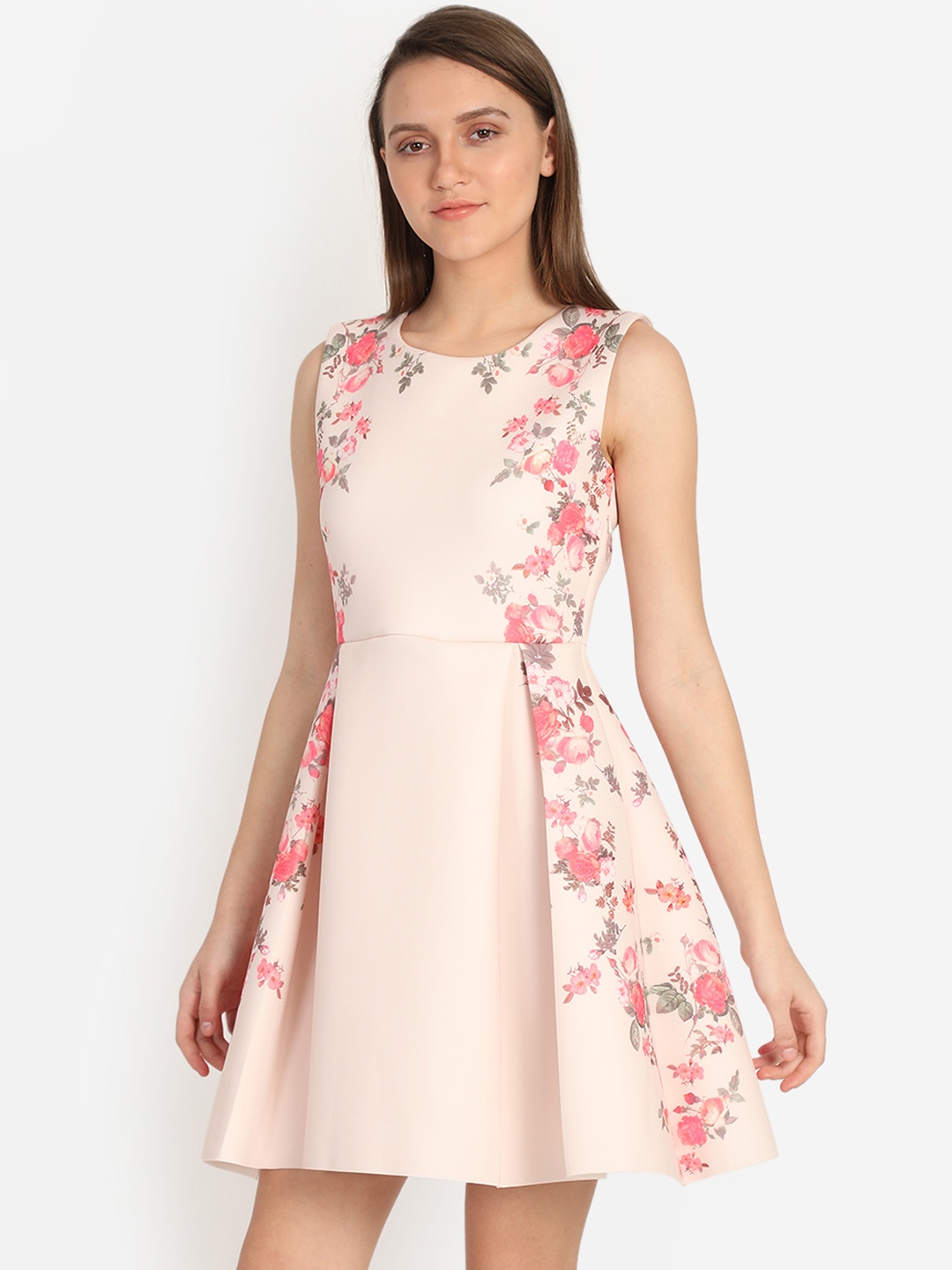 

COVER STORY Women Beige Printed Fit and Flare Dress