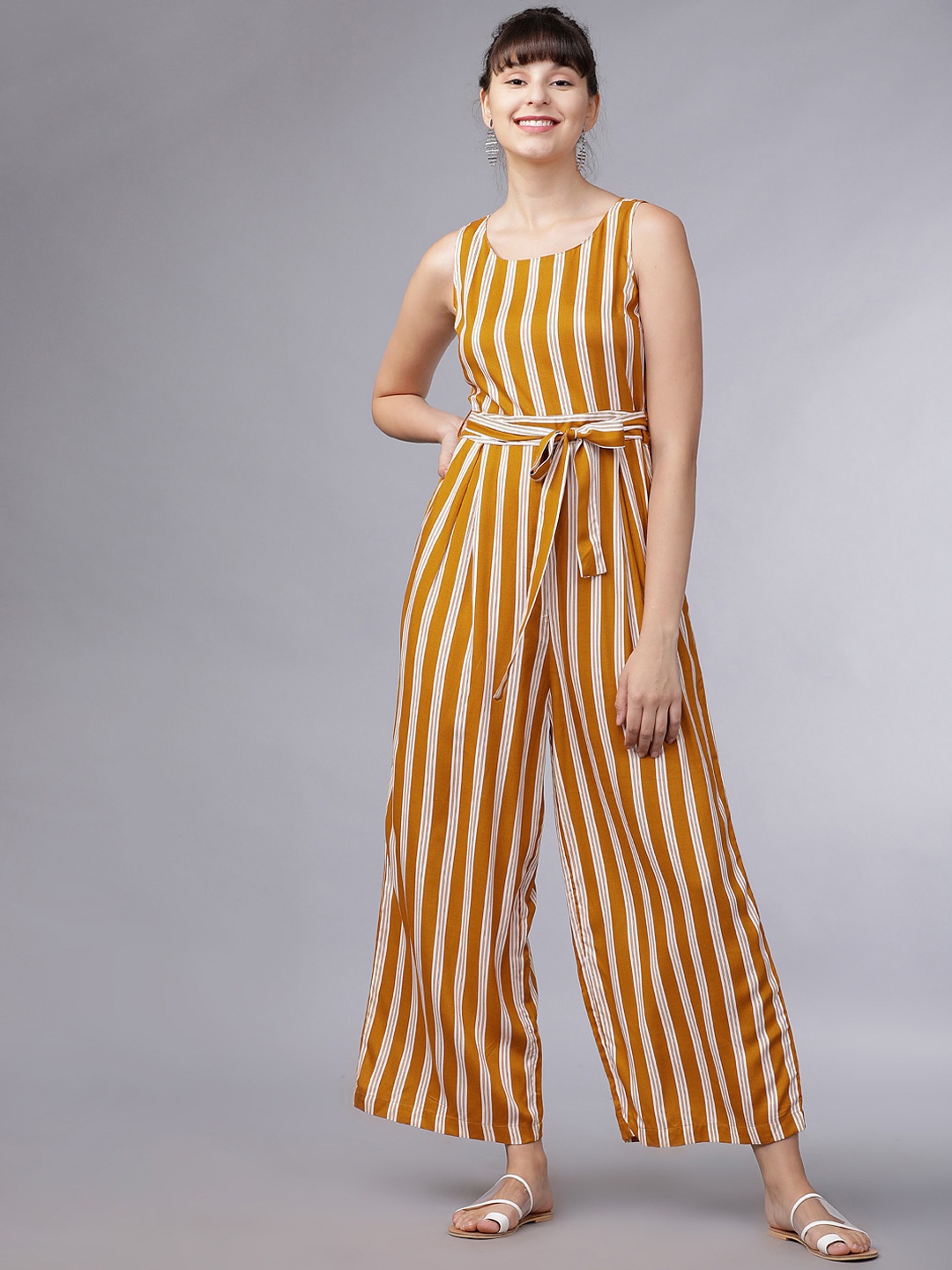 

Tokyo Talkies Women Yellow & White Striped Basic Jumpsuit