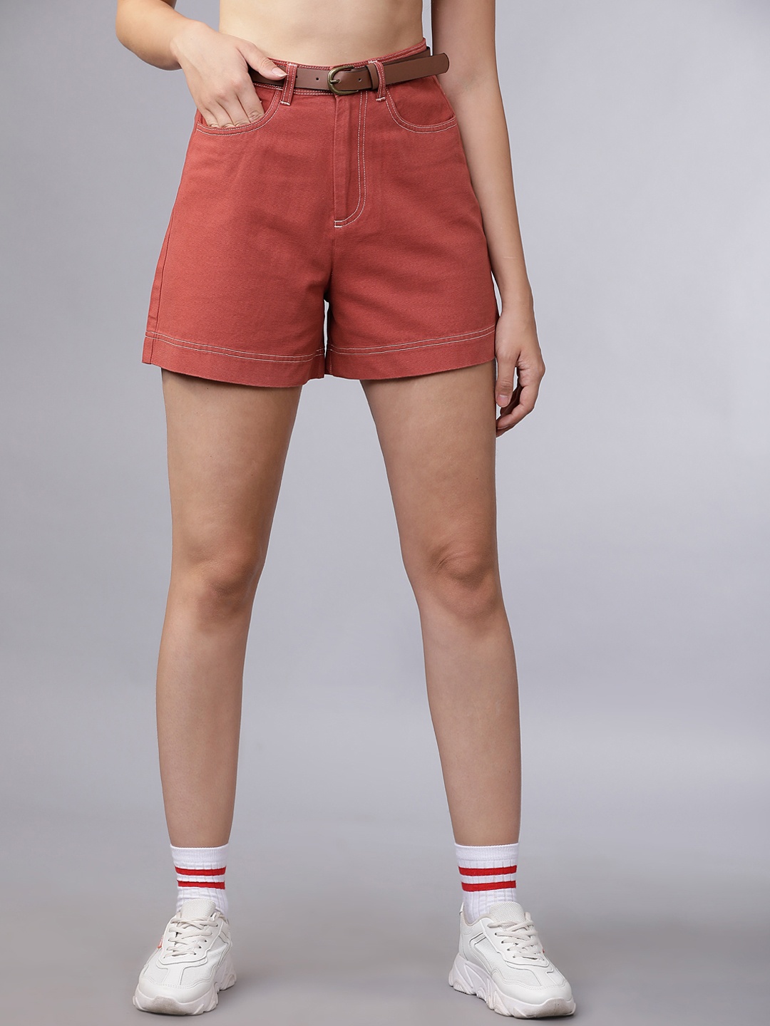 

Tokyo Talkies Women Rust Red Solid Slim Fit Regular Shorts