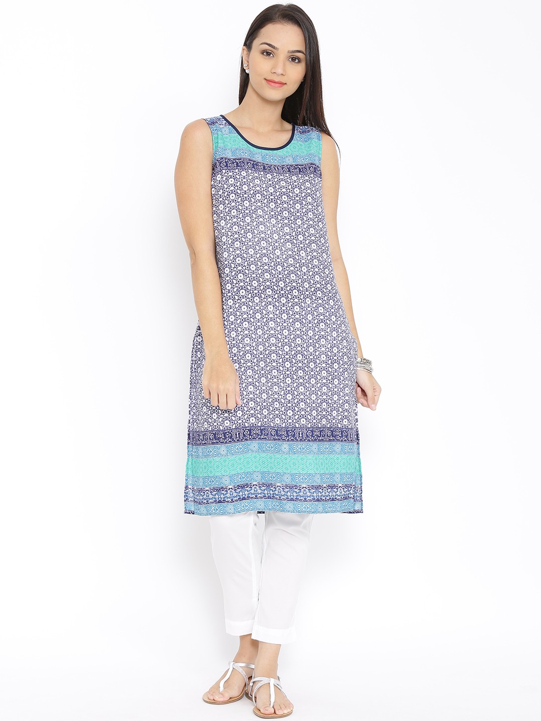 

Aurelia Navy & Off-White Printed Kurta, Navy blue