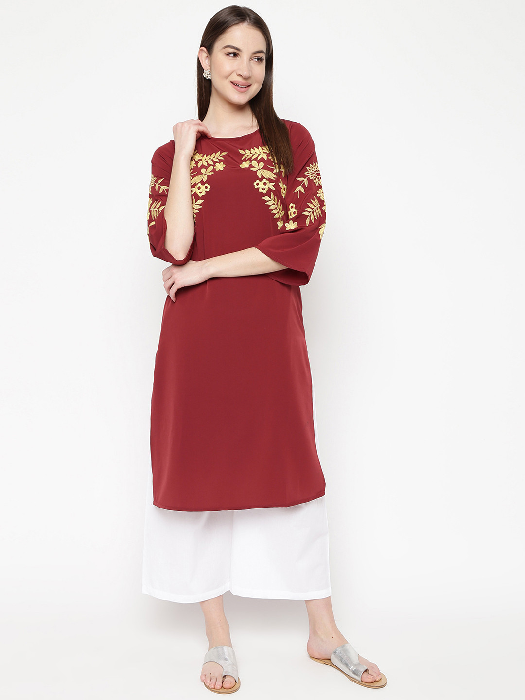 

Napra Women Maroon & White Embroidered Kurta with Palazzos