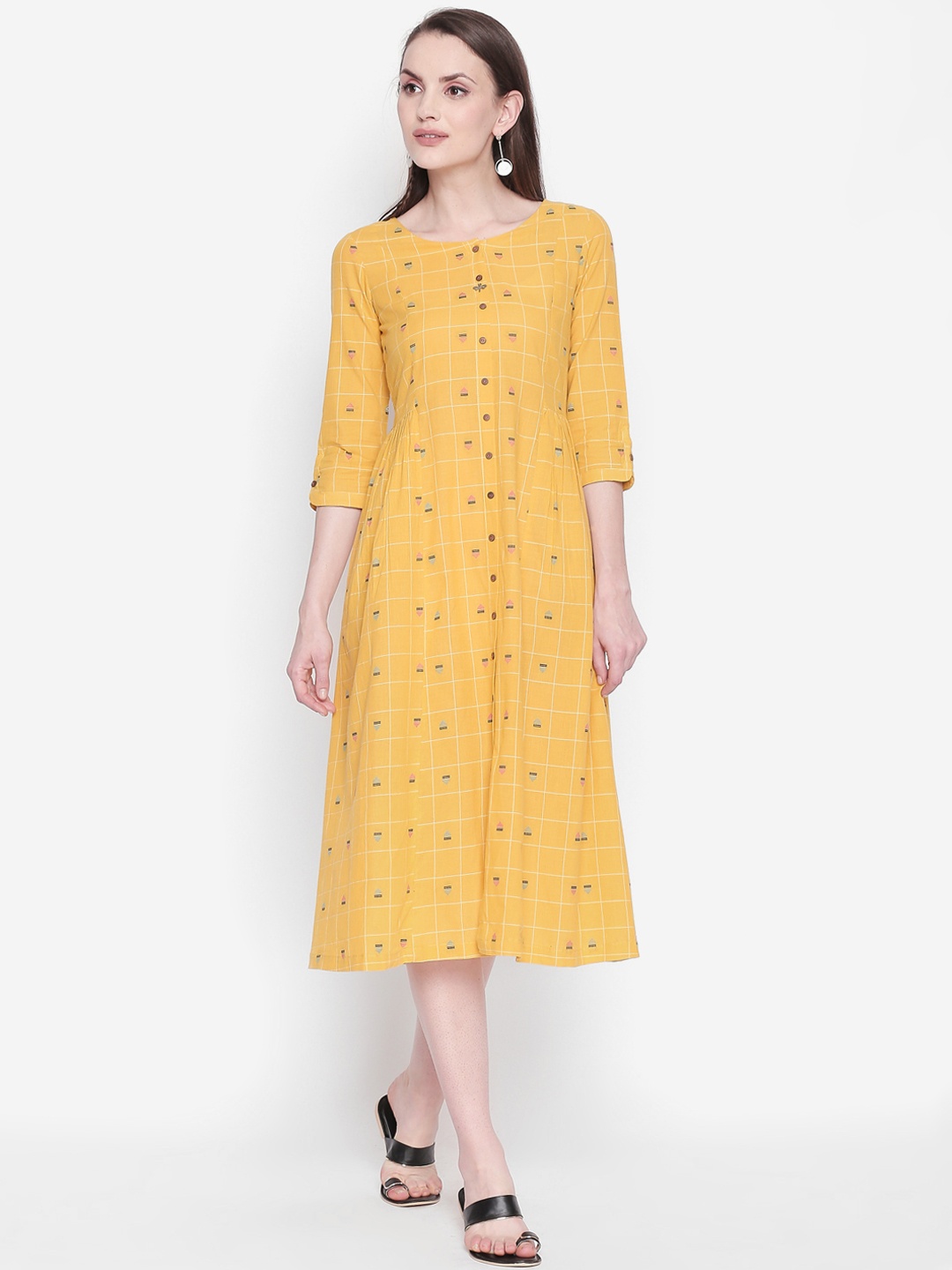 

AKKRITI BY PANTALOONS Women Yellow Self Design Fit and Flare Dress