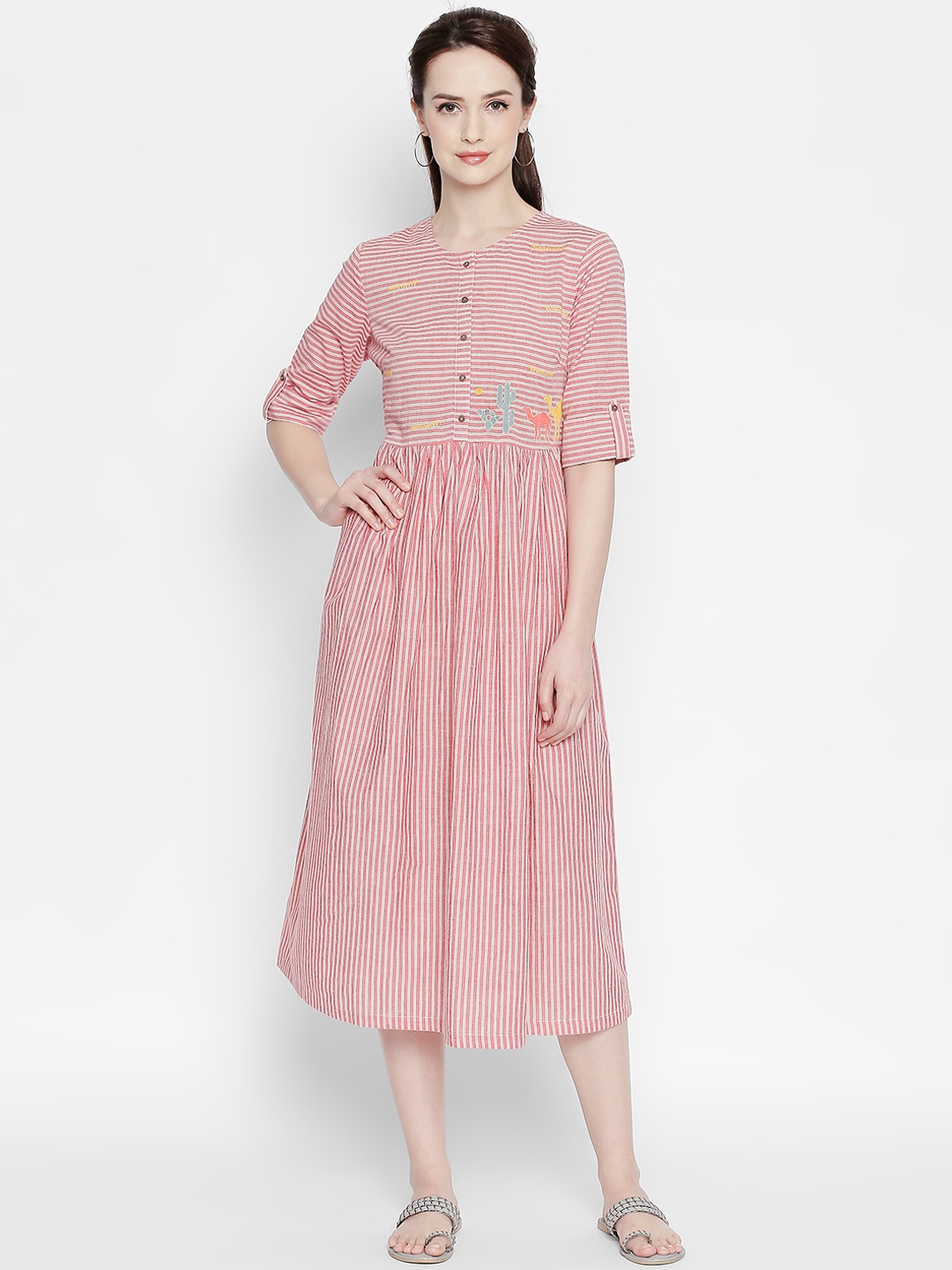 

AKKRITI BY PANTALOONS Women Pink & White Striped Fit and Flare Dress
