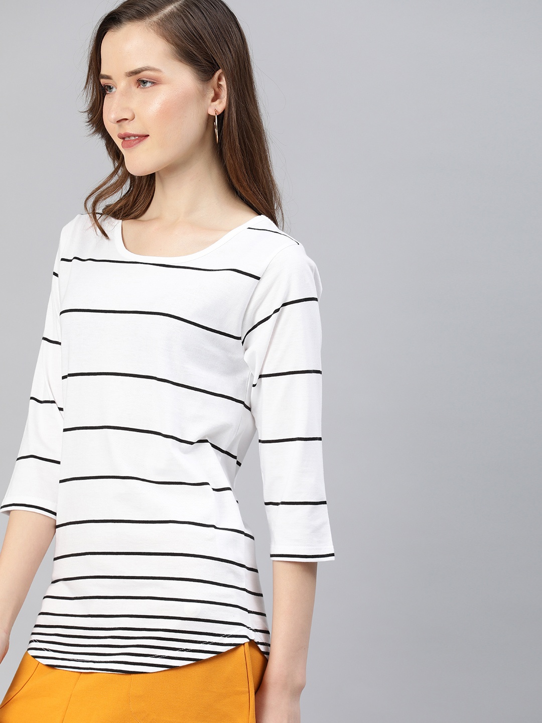 

HERE&NOW Women White & Black Striped Round Neck T-shirt
